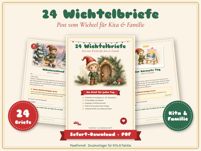 以下が含まれることがあります： 24枚の印刷可能な手紙のセット「24 Wichtelbriefe」。冬の風景の中にいるエルフのイラストが描かれています。ドイツ語のテキスト、装飾的な枠線、子供向けのタスクリストが含まれており、デジタルPDFコレクションとして提供されています。