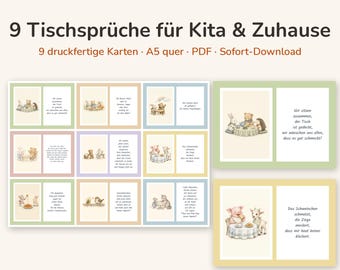 May include: A digital collection of nine printable cards featuring German mealtime rhymes for children. Each card displays a soft-colored border and illustrations of animals eating together, with German text printed on the right side of each card.