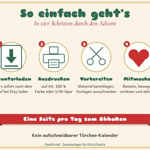 May include: An instructional graphic titled So einfach geht's with four numbered steps: 1. Download, 2. Print, 3. Prepare, and 4. Participate. The icons include a download arrow, a printer, scissors, and a red heart, with text in German.