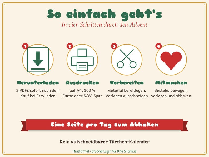 May include: An instructional graphic titled So einfach geht's with four numbered steps: 1. Download, 2. Print, 3. Prepare, and 4. Participate. The icons include a download arrow, a printer, scissors, and a red heart, with text in German.
