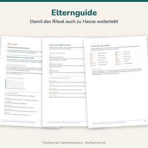 May include: Three white pages of an informational parent guide titled Elternguide, featuring black text, structured headings, and a monthly calendar table. The document provides instructions and guidance for establishing rituals at home.