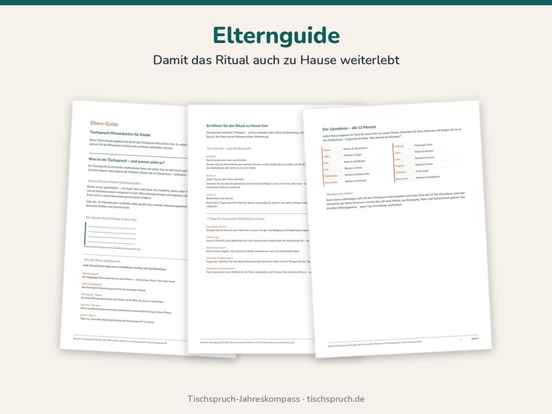 May include: Three white pages of an informational parent guide titled Elternguide, featuring black text, structured headings, and a monthly calendar table. The document provides instructions and guidance for establishing rituals at home.