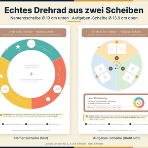 May include: A printable educational tool featuring two circular charts titled 'Echtes Drehrad aus zwei Scheiben'. The bottom disc is 19 cm in diameter, and the top disc is 13.6 cm. It includes sections for names and tasks, with color-coded segments in yellow, teal, and orange, designed for three children to track daily responsibilities.