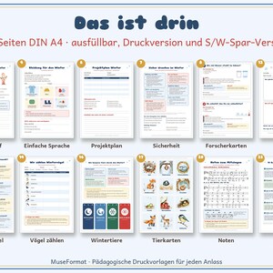 Op de afbeelding: Een verzameling van 30 printbare A4-werkbladen getiteld Das ist drin, met diverse winteractiviteiten, vogelidentificatiekaarten, projectplannen, veiligheidsgidsen, dierenkaarten, bladmuziek en instructies voor verschillende spellen.
