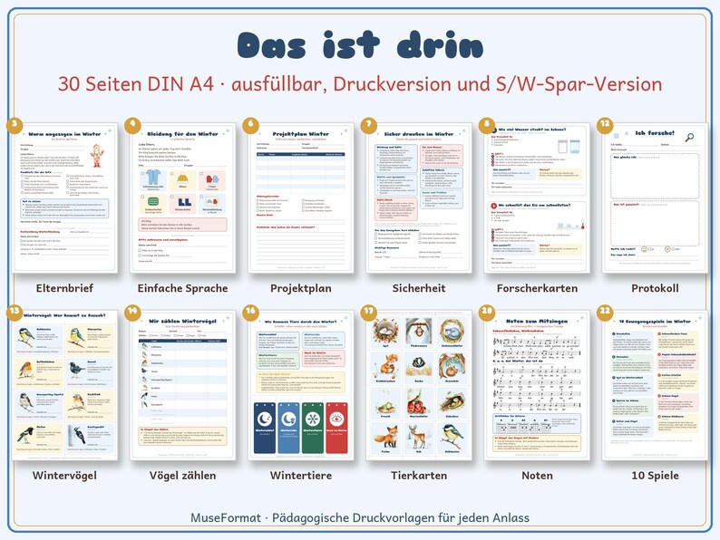 Op de afbeelding: Een verzameling van 30 printbare A4-werkbladen getiteld Das ist drin, met diverse winteractiviteiten, vogelidentificatiekaarten, projectplannen, veiligheidsgidsen, dierenkaarten, bladmuziek en instructies voor verschillende spellen.