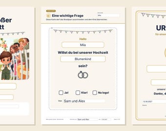 May include: Three cream-colored cards with dark text and illustrations. The first shows a wedding scene with children, labeled 'Mein großer Auftritt'. The second asks 'Eine wichtige Frage' with checkboxes. The third is a 'URKUNDE' certificate with a star icon.