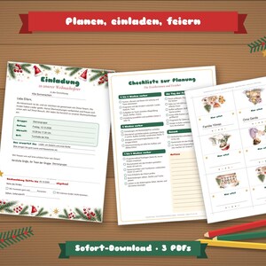 May include: Three printable documents for Christmas party planning, including an invitation template, a planning checklist, and a sheet of name tags, all decorated with festive pine branches, red berries, and Santa hats.