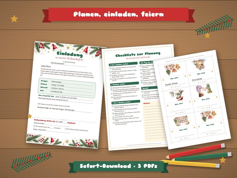 May include: Three printable documents for Christmas party planning, including an invitation template, a planning checklist, and a sheet of name tags, all decorated with festive pine branches, red berries, and Santa hats.