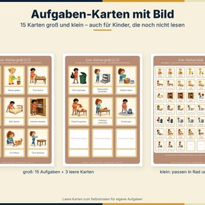 May include: A set of task cards with illustrations featuring children performing daily chores. The cards are presented in large and small formats, including blank cards for custom tasks. The text on the cards is in German, depicting activities like watering plants, setting tables, and cleaning.
