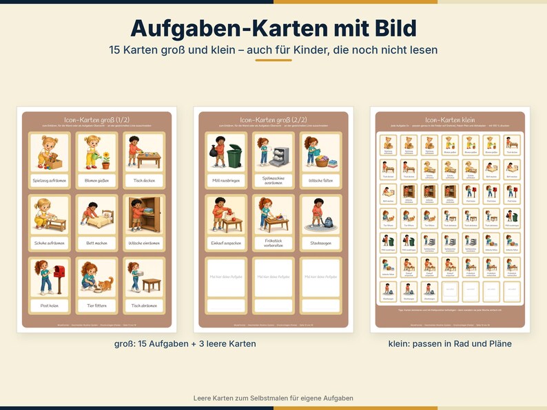 May include: A set of task cards with illustrations featuring children performing daily chores. The cards are presented in large and small formats, including blank cards for custom tasks. The text on the cards is in German, depicting activities like watering plants, setting tables, and cleaning.