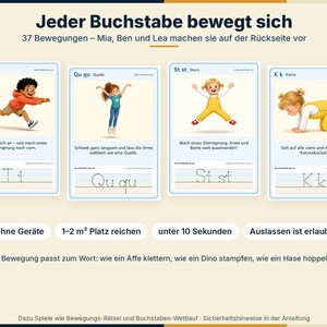 K&ouml;nnte beinhalten: Vier Lernkarten mit Illustrationen von Kindern, die Bewegungen zu den Buchstaben Tt, Qu qu, St st und Kk ausf&uuml;hren. Jede Karte enth&auml;lt deutsche Anweisungen, Anleitungen zum Nachspuren der Buchstaben und beschreibende Bewegungsaufforderungen.