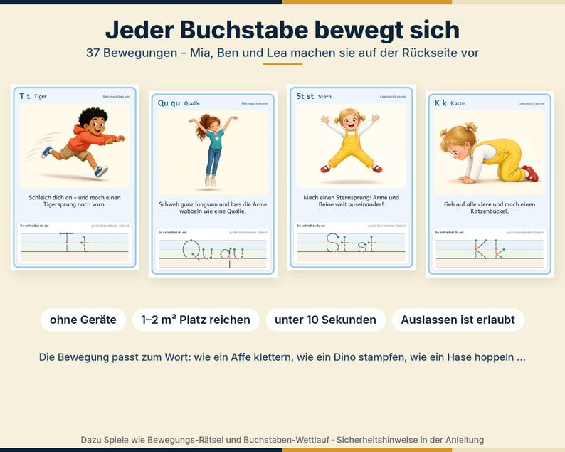 K&ouml;nnte beinhalten: Vier Lernkarten mit Illustrationen von Kindern, die Bewegungen zu den Buchstaben Tt, Qu qu, St st und Kk ausf&uuml;hren. Jede Karte enth&auml;lt deutsche Anweisungen, Anleitungen zum Nachspuren der Buchstaben und beschreibende Bewegungsaufforderungen.