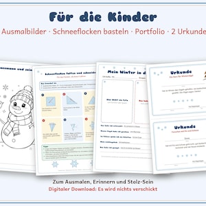 Op de afbeelding: Een digitale activiteitenset getiteld F&uuml;r die Kinder met vier kleurplaten, instructies voor het maken van sneeuwvlokken, een winterportfolio en twee certificaten met illustraties van een sneeuwpop en vogels.