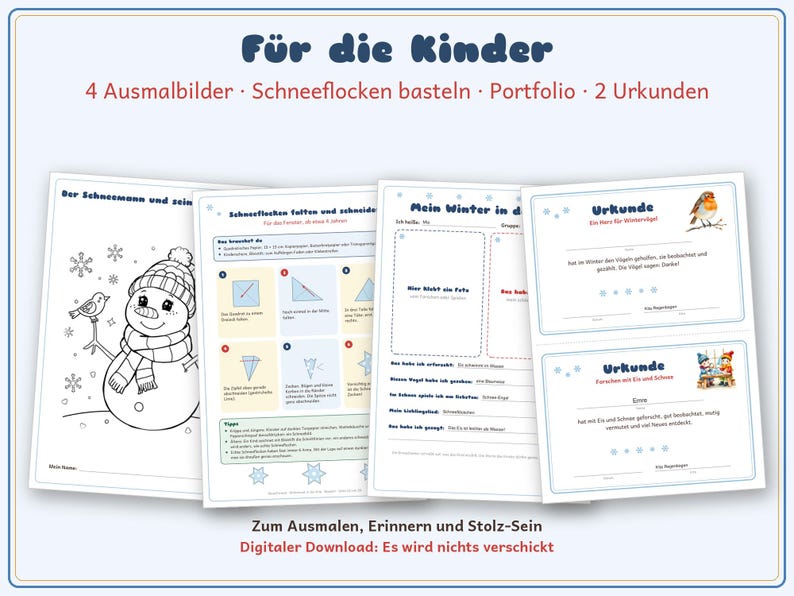 Op de afbeelding: Een digitale activiteitenset getiteld F&uuml;r die Kinder met vier kleurplaten, instructies voor het maken van sneeuwvlokken, een winterportfolio en twee certificaten met illustraties van een sneeuwpop en vogels.