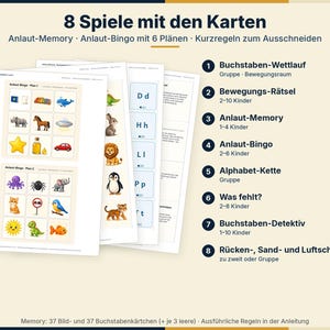 K&ouml;nnte beinhalten: Ein Set aus p&auml;dagogischen Spielb&ouml;gen mit Anlaut-Bingo, Anlaut-Memory und verschiedenen Aktivit&auml;tslisten. Die Seiten zeigen Raster mit farbigen Illustrationen von Tieren und Objekten, Buchstabenkarten sowie eine nummerierte Liste mit acht Spielanleitungen.