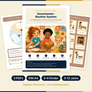 May include: A digital routine system for children featuring three printable pages. The central page displays the title Geschwister-Routine-System with an illustration of three children helping with chores, a chore wheel, and task cards for household activities.