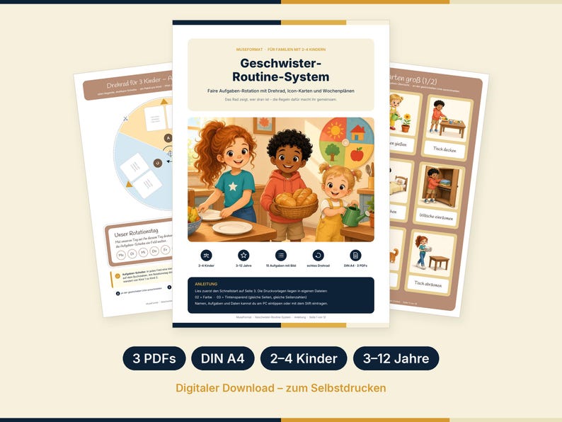 May include: A digital routine system for children featuring three printable pages. The central page displays the title Geschwister-Routine-System with an illustration of three children helping with chores, a chore wheel, and task cards for household activities.