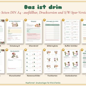 May include: A digital collection of 19 DIN A4 printable pages for Christmas event planning, including invitations, parent letters, buffet lists, schedules, wish lists, name tags, place cards, thank you cards, and a checklist with festive illustrations.