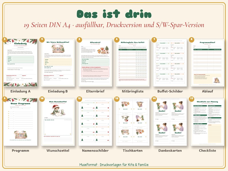 May include: A digital collection of 19 DIN A4 printable pages for Christmas event planning, including invitations, parent letters, buffet lists, schedules, wish lists, name tags, place cards, thank you cards, and a checklist with festive illustrations.