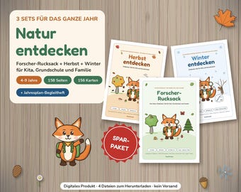 May include: A digital educational set titled Natur entdecken featuring three booklets: Forscher-Rucksack, Herbst entdecken, and Winter entdecken. Each cover displays a cartoon fox character. Includes 158 pages and 156 cards for ages 4-9, plus a yearly planner booklet. A red Spar-Paket badge is included.