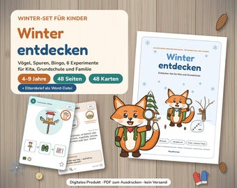 May include: A digital winter activity set for children featuring a fox character, 48 pages, and 48 cards. The text reads Winter entdecken, Vögel, Spuren, Bingo, 6 Experimente für Kita, Grundschule und Familie, 4-9 Jahre, 48 Seiten, 48 Karten.