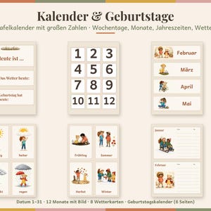 May include: A wall calendar set featuring the text Kalender & Geburtstage, Tafelkalender mit gro&szlig;en Zahlen, Wochentage, Monate, Jahreszeiten, Wetter, Datum 1-31, 12 Monate mit Bild, 8 Wetterkarten, and Geburtstagskalender. Includes cards for numbers 1-12, months, weather, seasons, and birthday logs.