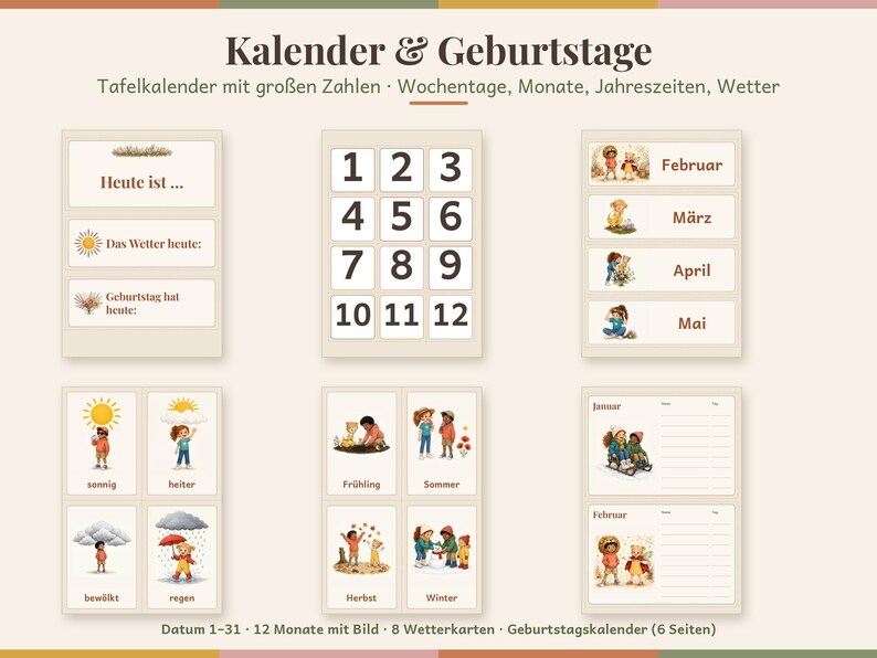 May include: A wall calendar set featuring the text Kalender & Geburtstage, Tafelkalender mit gro&szlig;en Zahlen, Wochentage, Monate, Jahreszeiten, Wetter, Datum 1-31, 12 Monate mit Bild, 8 Wetterkarten, and Geburtstagskalender. Includes cards for numbers 1-12, months, weather, seasons, and birthday logs.