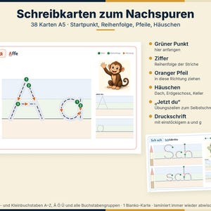 K&ouml;nnte beinhalten: Ein Set aus 38 laminierten A5-Schreibkarten zum Nachspuren. Jede Karte zeigt einen Buchstaben, eine Tierillustration, nummerierte Richtungspfeile und ein Haus-Raster zur Schreib&uuml;bung. Das Set umfasst A-Z, &Auml;, &Ouml;, &Uuml; sowie Buchstabengruppen und ist f&uuml;r die wiederholte Verwendung mit abwischbaren Stiften konzipiert.
