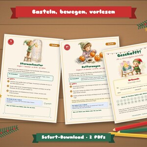 May include: Three printable activity sheets featuring illustrations of elves, with German text including titles like Sternenfenster, Duftorangen, and Geschafft, alongside instructions, checkboxes, and a certificate template for children.