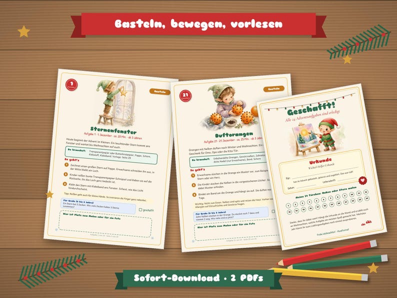 May include: Three printable activity sheets featuring illustrations of elves, with German text including titles like Sternenfenster, Duftorangen, and Geschafft, alongside instructions, checkboxes, and a certificate template for children.