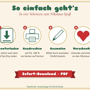 以下が含まれることがあります： So einfach geht'sというタイトルの説明用グラフィック。ダウンロードアイコン、プリンターアイコン、鉛筆アイコン、赤いハートのアイコンの4つの番号付きステップが表示されています。各アイコンの下にはドイツ語でHerunterladen、Ausdrucken、Ausmalen、Verschenkenと書かれています。下部の赤いバナーにはSofort-Download PDFと記載されています。