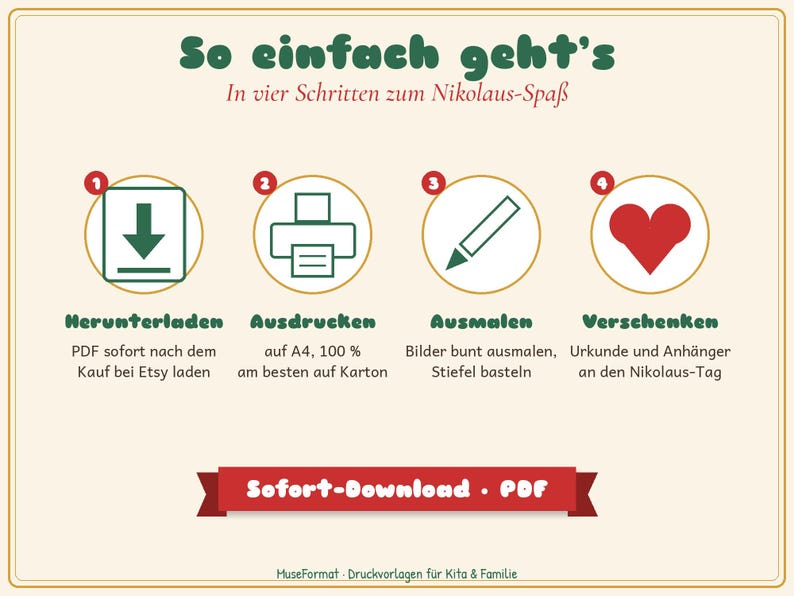 以下が含まれることがあります： So einfach geht'sというタイトルの説明用グラフィック。ダウンロードアイコン、プリンターアイコン、鉛筆アイコン、赤いハートのアイコンの4つの番号付きステップが表示されています。各アイコンの下にはドイツ語でHerunterladen、Ausdrucken、Ausmalen、Verschenkenと書かれています。下部の赤いバナーにはSofort-Download PDFと記載されています。