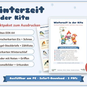 Op de afbeelding: Een printbaar projectpakket getiteld Winterzeit in der Kita met 30 DIN A4-pagina's, inclusief onderzoekskaarten over ijs en sneeuw, vogelprofielen, kaarten over winterslaap, liedjes met bladmuziek, kleurplaten en certificaten.