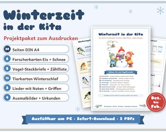 Winter Kita Paket Projekt Elternbrief Experimente Eis Schnee Wintervögel Steckbriefe Wintertiere Lieder Noten Ausmalbilder PDF ausfüllbar