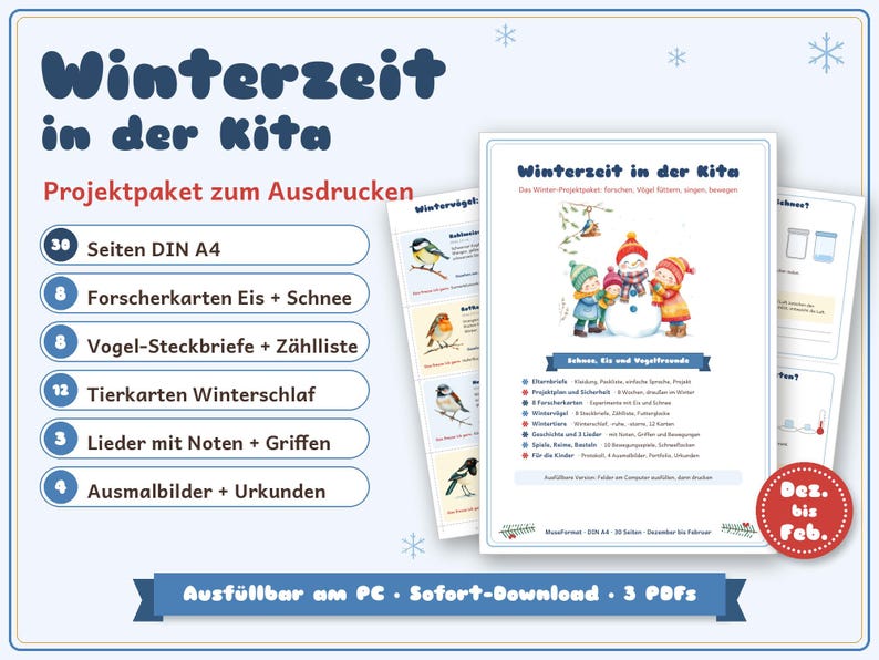 Op de afbeelding: Een printbaar projectpakket getiteld Winterzeit in der Kita met 30 DIN A4-pagina's, inclusief onderzoekskaarten over ijs en sneeuw, vogelprofielen, kaarten over winterslaap, liedjes met bladmuziek, kleurplaten en certificaten.