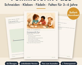 May include: A digital PDF activity booklet titled Feinmotorik-Pass for children aged 3-6, featuring pages with cutting, gluing, threading, and folding exercises. The cover displays an illustration of three children crafting together at a table.