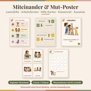 May include: A set of educational posters titled Miteinander & Mut-Poster featuring illustrations of children in classroom settings. The posters include charts for noise levels, work methods, help cards, class goals, and badges with German text.