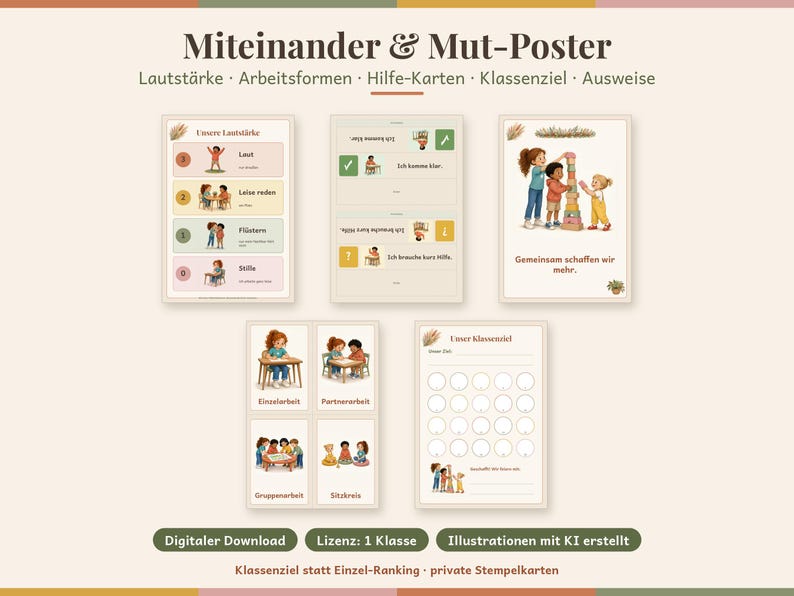 May include: A set of educational posters titled Miteinander & Mut-Poster featuring illustrations of children in classroom settings. The posters include charts for noise levels, work methods, help cards, class goals, and badges with German text.