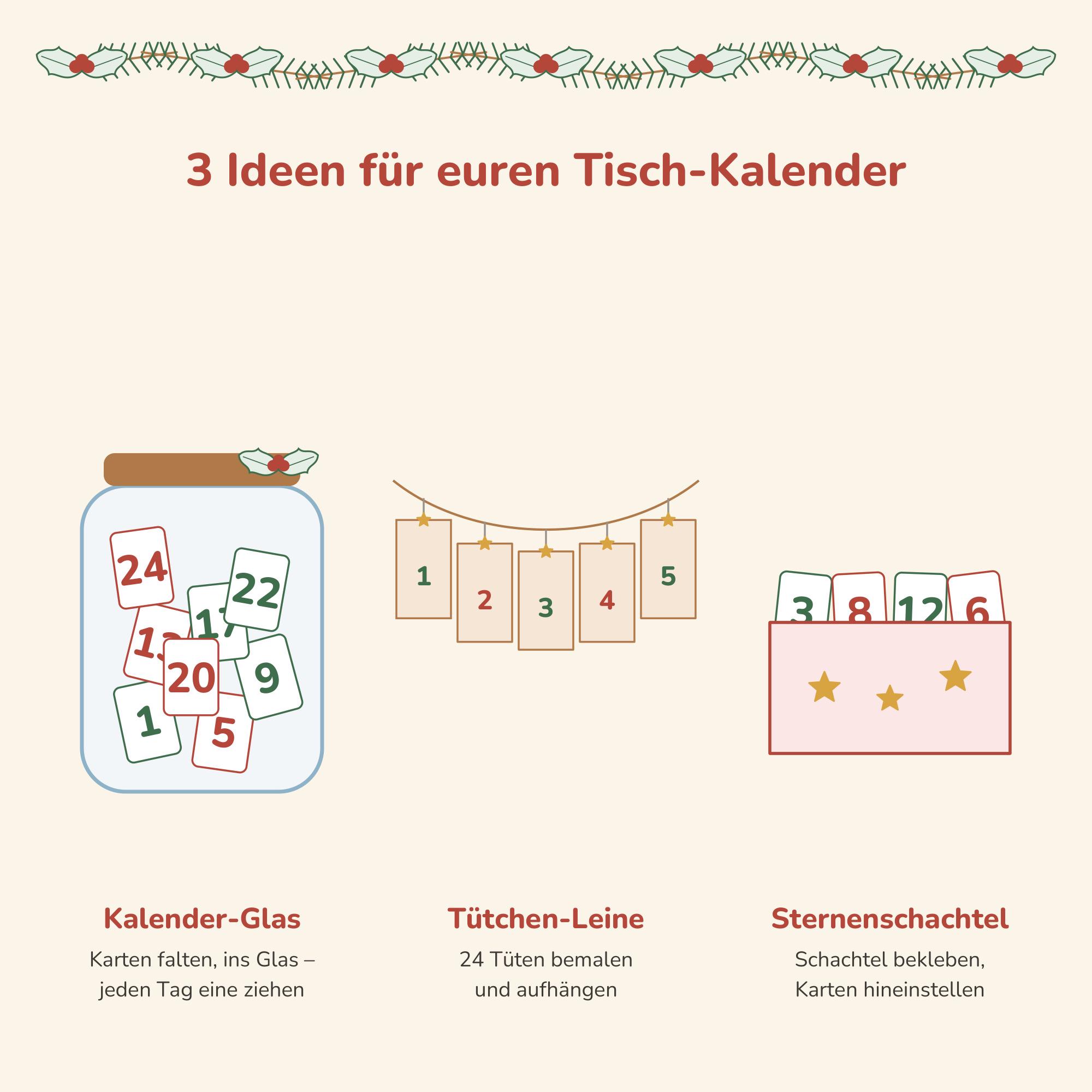 May include: An infographic titled 3 Ideen f&uuml;r euren Tisch-Kalender featuring three holiday display methods: a glass jar filled with numbered cards, a string of hanging rectangular tags, and a pink box containing numbered cards with gold stars.