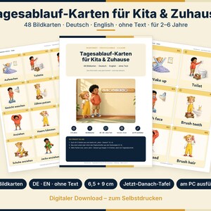 Peut inclure: Un ensemble de 48 cartes de routine quotidienne pour enfants, illustrant des activit&eacute;s comme se r&eacute;veiller, se brosser les dents et s'habiller. Les cartes incluent du texte en allemand et anglais, avec des options sans texte, mesurant 6,5 par 9 cm.