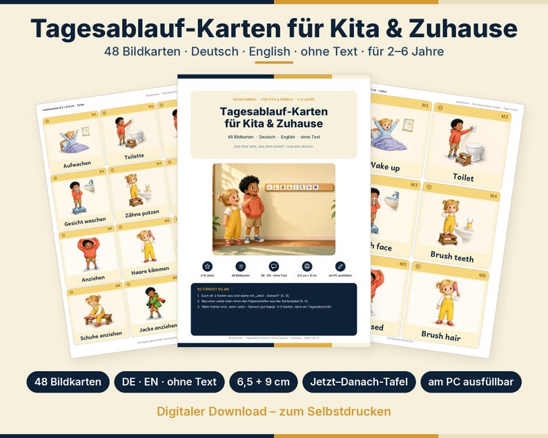Peut inclure: Un ensemble de 48 cartes de routine quotidienne pour enfants, illustrant des activit&eacute;s comme se r&eacute;veiller, se brosser les dents et s'habiller. Les cartes incluent du texte en allemand et anglais, avec des options sans texte, mesurant 6,5 par 9 cm.