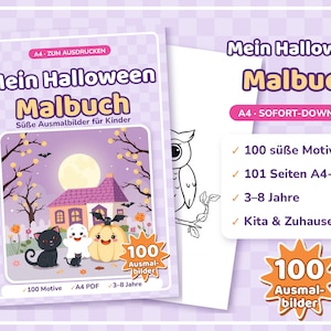Könnte beinhalten: Ein digitales Halloween-Malbuch mit dem Titel Mein Halloween Malbuch, das ein Cover mit einer Hausillustration, Vollmond, schwarzer Katze, Geist und Kürbis zeigt. Es enthält 100 Motive im A4-PDF-Format für Kinder.