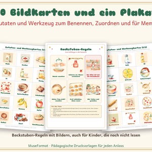 May include: A set of 30 educational cards and one poster featuring illustrations of baking ingredients, tools, and kitchen rules. The text includes "30 BildKarten und ein Plakat", "Zutaten und Werkzeug", and "Backstuben-Regeln" with various German labels under each small icon.