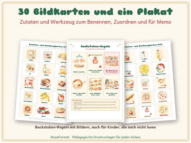 May include: A set of 30 educational cards and one poster featuring illustrations of baking ingredients, tools, and kitchen rules. The text includes "30 BildKarten und ein Plakat", "Zutaten und Werkzeug", and "Backstuben-Regeln" with various German labels under each small icon.