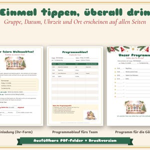 May include: Three printable document templates for a Christmas event, including an invitation, a team schedule, and a guest program. Each page features green and red text, festive illustrations of children, and fillable fields for group, date, time, and location details.