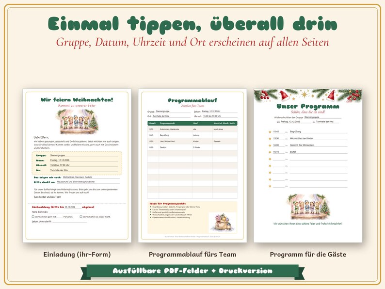 May include: Three printable document templates for a Christmas event, including an invitation, a team schedule, and a guest program. Each page features green and red text, festive illustrations of children, and fillable fields for group, date, time, and location details.
