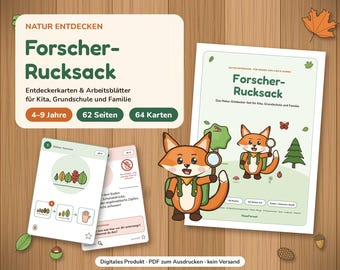 May include: A digital educational set titled Forscher-Rucksack featuring a cartoon fox with a magnifying glass, 64 activity cards, and 62 worksheets for children aged 4-9. The printable PDF includes nature-themed illustrations of trees, leaves, and insects.