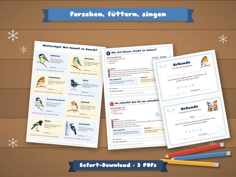 Op de afbeelding: Drie printbare activiteitenbladen met illustraties van wintervogels, wetenschappelijke experimenten over sneeuw en ijs, en twee certificaten. De tekst bevat titels zoals Forschen, f&uuml;ttern, singen, Winterv&ouml;gel en Urkunde, vergezeld door kleurpotloden.