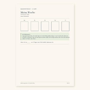 May include: A white reward chart titled Meine Woche for children aged 5-7 years. It features five blank boxes for weekdays, a light green instructional box, and a fill-in-the-blank sentence for setting goals and rewards, printed on a clean, minimalist page.