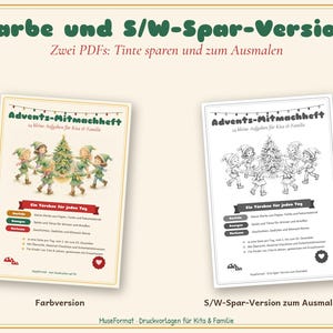 May include: Two printable activity booklets titled Advents-Mitmachheft, one in full colour and one in black and white. Each page features illustrations of children dancing around a Christmas tree, with text detailing 24 daily tasks.